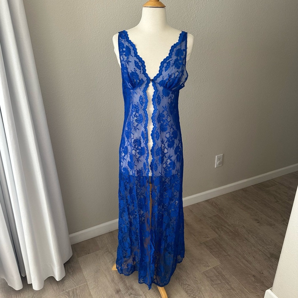 Vintage Shirley of Hollywood Blue Lace Nylon Lingerie Nightgown